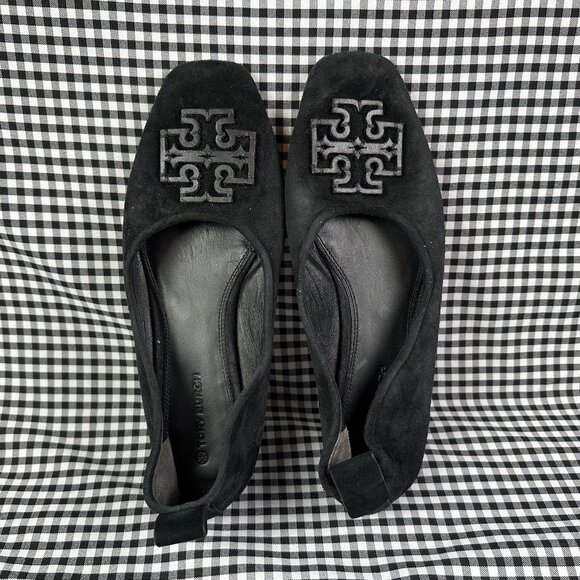TORY BURCH Georgia Ballet Flats Black Suede Leather Square Toe Size 8.5 - Picture 1 of 4